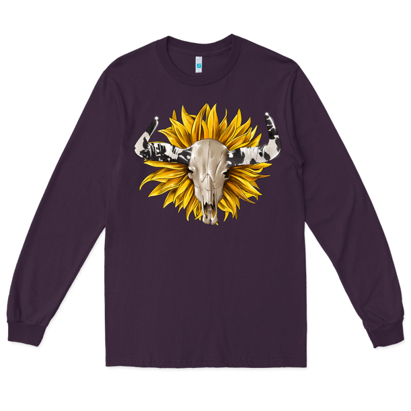 Cowhide Bull Skull And Sunflower Long Sleeve Tee by BarkalooDesign | Teevron