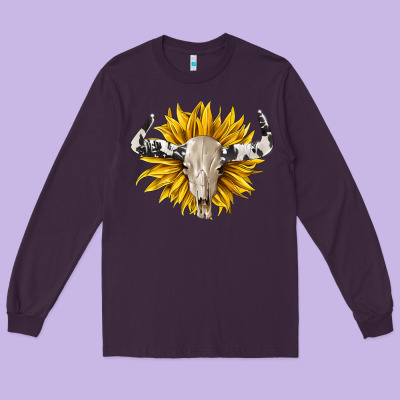 Cowhide Bull Skull And Sunflower Long Sleeve Tee Designed By Barkaloodesign