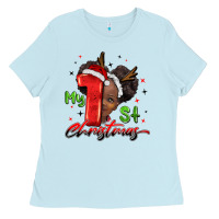 Baby Blue my first christmas african girl Ladies Tee - BarkalooDesign