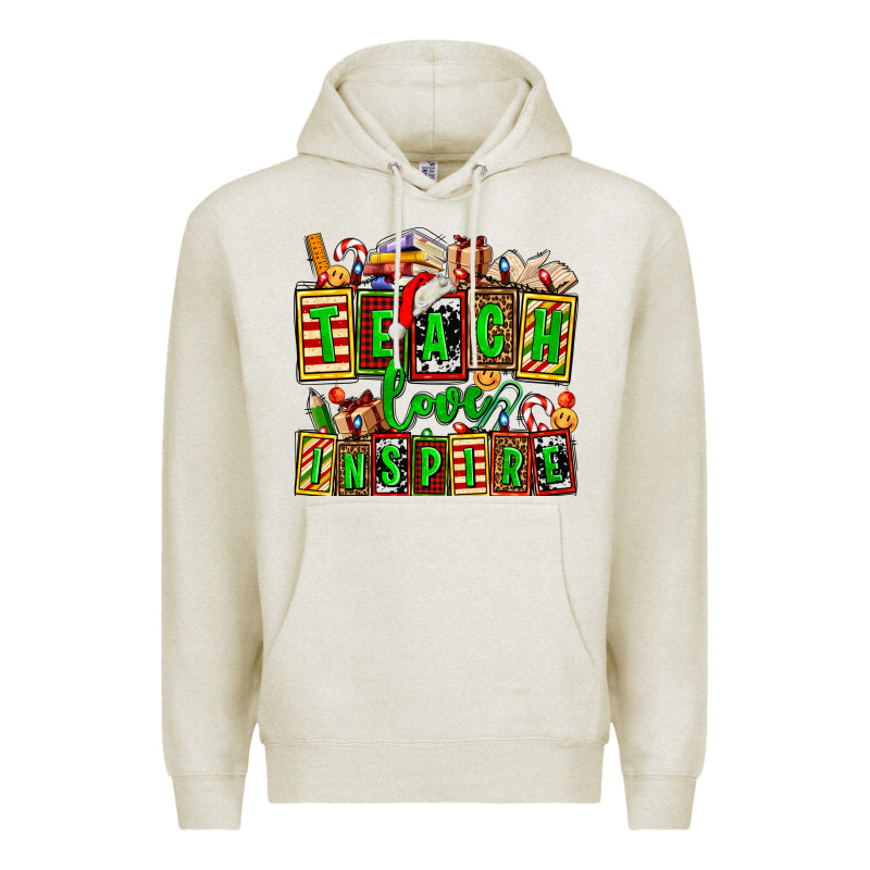 Teach Love Inspire With Christmas And Teacher Elements Premium Hoodie by AdoDesignShop | Teevron