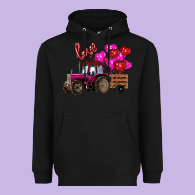 Heavyweight Hoodie Valentine's day pink tractor with pin heart balloons