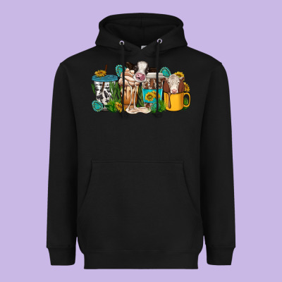 Western Cow Coffee Cup Heavyweight Hoodie Designed By Texasbilliewilder