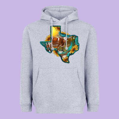 Heavyweight Hoodie Western Texas Map With Longhorn Bull