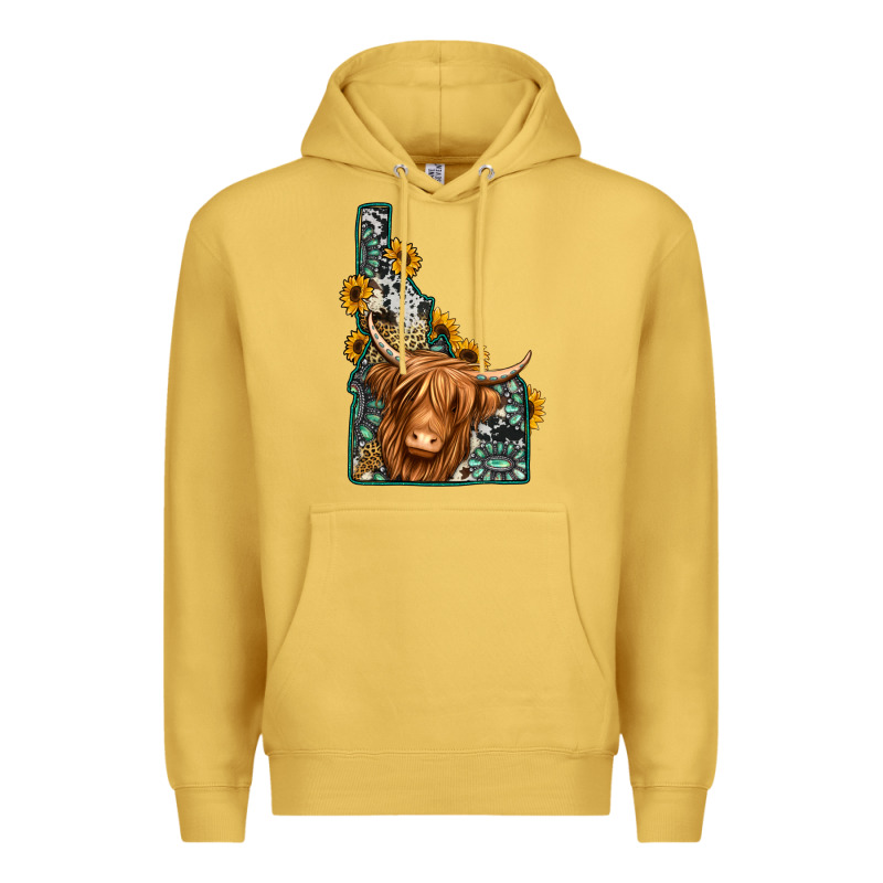 Idaho Map Long Haired Cow Premium Hoodie by Jasminsmagicworld | Teevron