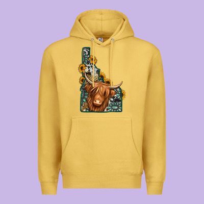Idaho Map Long Haired Cow Premium Hoodie Designed By Jasminsmagicworld