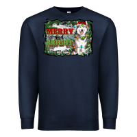 Navy merry and bright husky farm  background Premium Sweatshirt - RanaPortraitStore