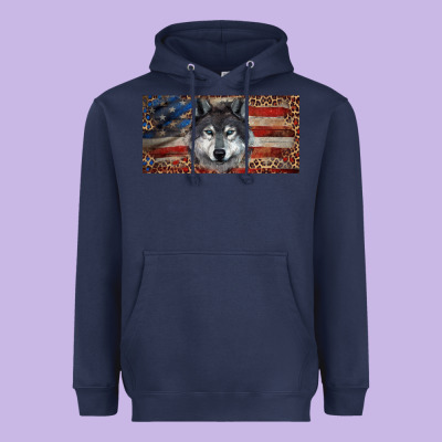 Heavyweight Hoodie Wolf with american flag and leopard