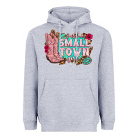 Heather Grey just a small town girl cowgirl boots Heavyweight Hoodie - texasbilliewilder