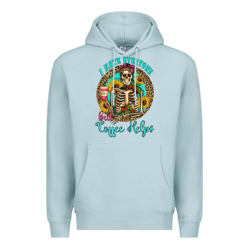 I Hate Everyone But Coffee Helps Western Skeleton Coffee Sunflowers Premium Hoodie by Artiststas | Teevron