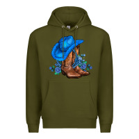 Army Green valentines day blue boots cowgirl hat and roses Premium Hoodie - AdoDesignShop