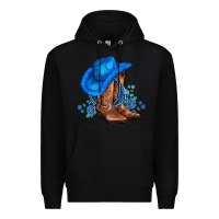 Black valentines day blue boots cowgirl hat and roses Premium Hoodie - AdoDesignShop