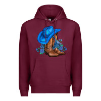 Burgundy valentines day blue boots cowgirl hat and roses Premium Hoodie - AdoDesignShop