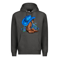 Charcoal Heather valentines day blue boots cowgirl hat and roses Premium Hoodie - AdoDesignShop