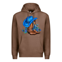 Chestnut valentines day blue boots cowgirl hat and roses Premium Hoodie - AdoDesignShop