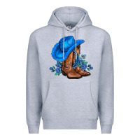 Heather Grey valentines day blue boots cowgirl hat and roses Premium Hoodie - AdoDesignShop