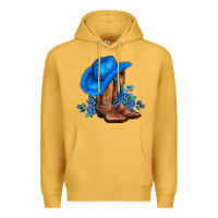 Mustard valentines day blue boots cowgirl hat and roses Premium Hoodie - AdoDesignShop