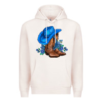 Pale Pink valentines day blue boots cowgirl hat and roses Premium Hoodie - AdoDesignShop