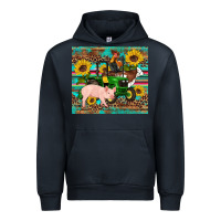 Navy western farm tractor pig rooster cow sunflowers Urban Hoodie - Artiststas
