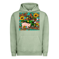 Pigment Oil Green western farm tractor pig rooster cow sunflowers Urban Hoodie - Artiststas