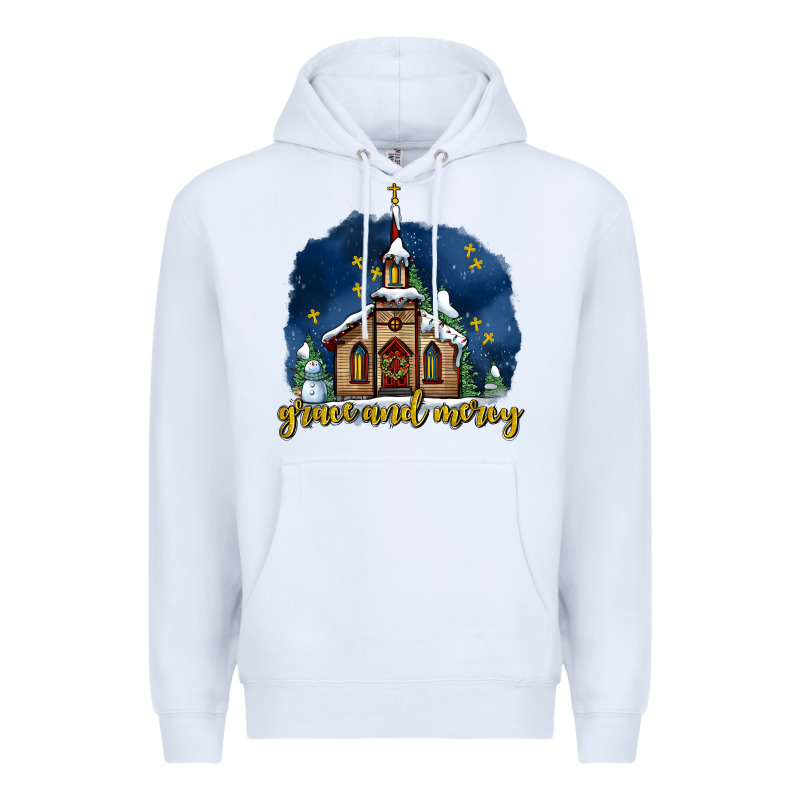 Christmas Church And Snow Grace And Mercy Premium Hoodie by AdoDesignShop | Teevron
