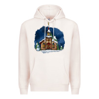 Pale Pink Christmas church and snow Premium Hoodie - AdoDesignShop