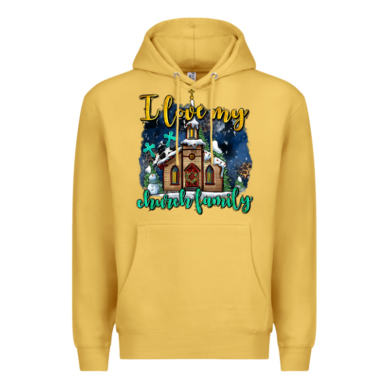 Christmas Church And Snow   ı Love My Church Family Premium Hoodie by AdoDesignShop | Teevron