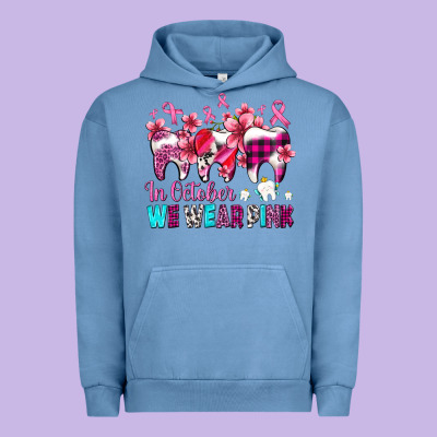 In October We Wear Pink Cancer Ribbon With Teeth Urban Hoodie Designed By Adodesignshop