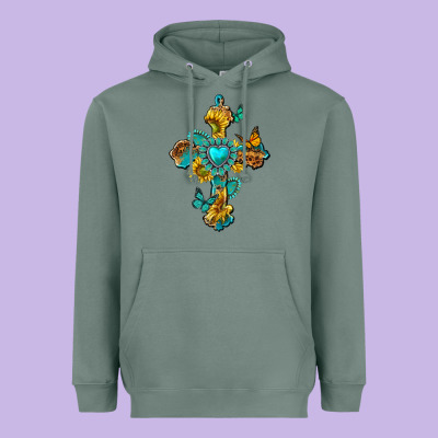 Heavyweight Hoodie western cross with gemstone and sunflowers