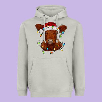 Heavyweight Hoodie Christmas baby red angus calf with lights