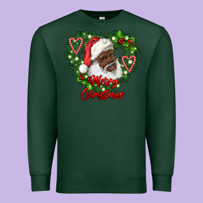 Merry Christmas African American Santa With Wreath Premium Sweatshirt Designed By Ranaportraitstore