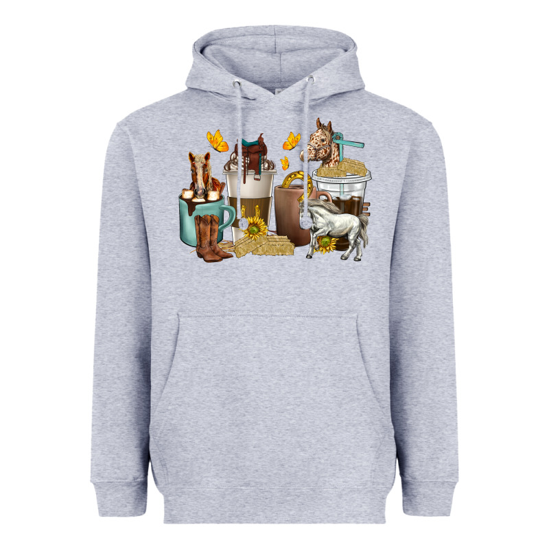 Coffee Cups Horses Heavyweight Hoodie by texasbilliewilder | Teevron