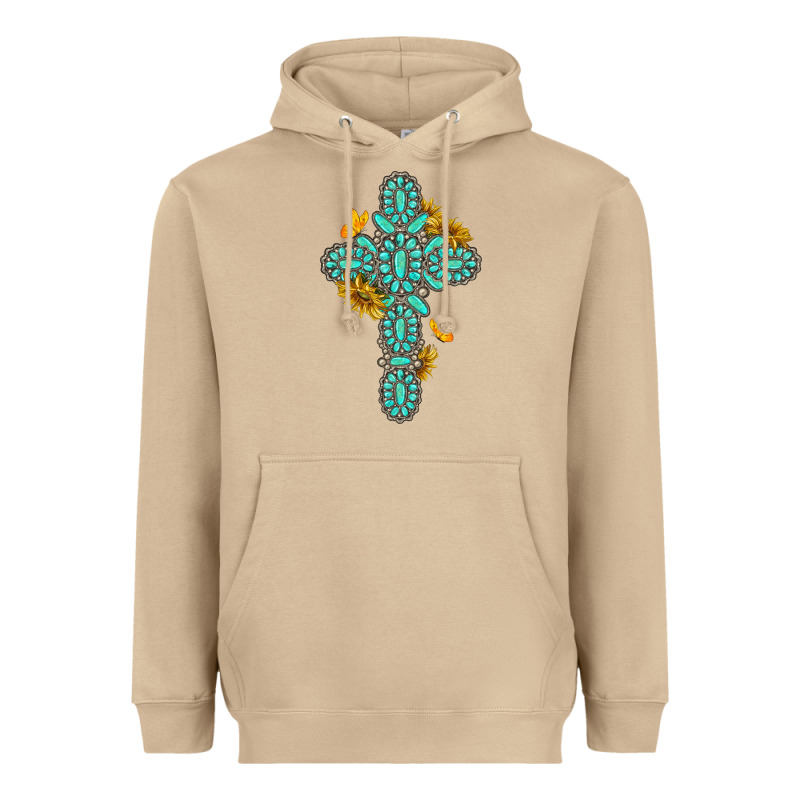 Gemstone Cross With Sunflowers And Butterflies Heavyweight Hoodie by texasbilliewilder | Teevron