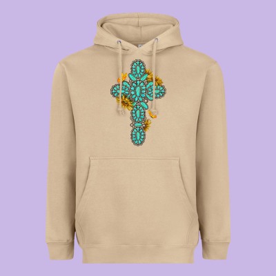 Gemstone Cross With Sunflowers And Butterflies Heavyweight Hoodie Designed By Texasbilliewilder