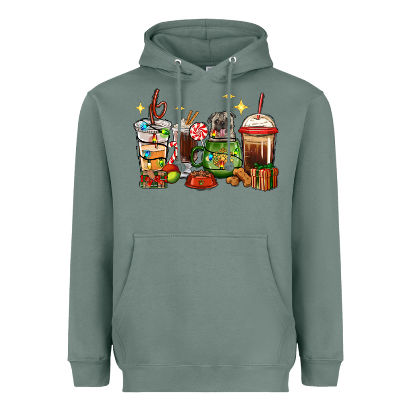 Christmas Coffee Cups With Pug Heavyweight Hoodie by RanaPortraitStore | Teevron