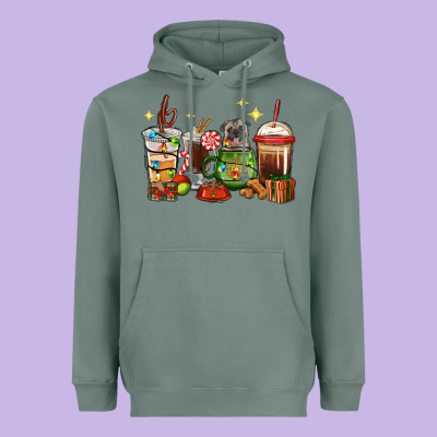 Heavyweight Hoodie Christmas coffee cups with Pug