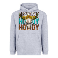 Heather Grey howdy howdy howdy western bull skull Heavyweight Hoodie - texasbilliewilder