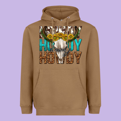Howdy Howdy Howdy Western Bull Skull Heavyweight Hoodie Designed By Texasbilliewilder