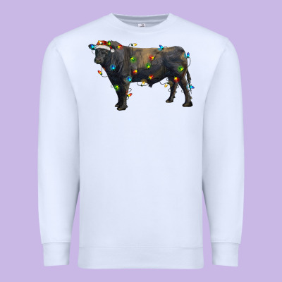 Christmas Black Angus Bull With Christmas Lights Premium Sweatshirt Designed By Ranaportraitstore