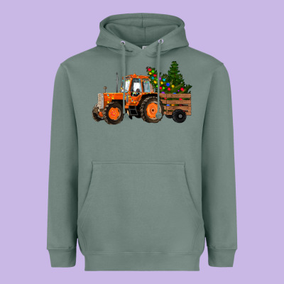 Heavyweight Hoodie Christmas Orange Farm Tractor
