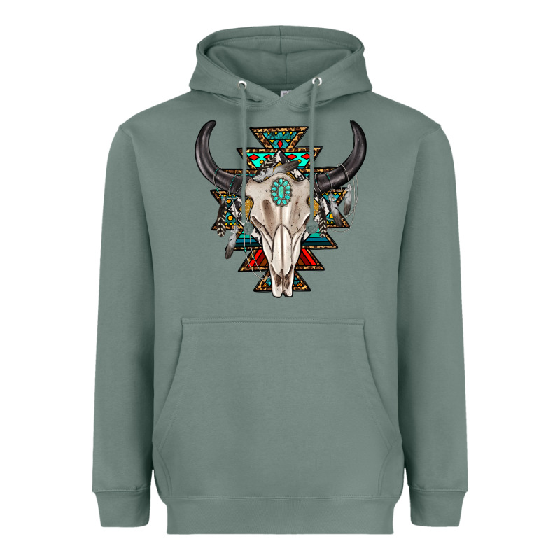 Western Aztec Bull Skull With Gemstone Heavyweight Hoodie by texasbilliewilder | Teevron
