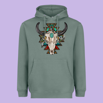 Western Aztec Bull Skull With Gemstone Heavyweight Hoodie Designed By Texasbilliewilder
