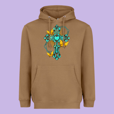 Cross With Heart Shaped Gemstone And Butterfly Heavyweight Hoodie Designed By Texasbilliewilder