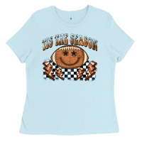 Baby Blue tis the season football smiley face Ladies Tee - BarkalooDesign
