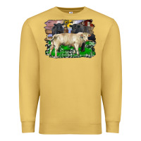 Antique Gold charolais bull black angus cattle and bull with barnyard and cowhide Premium Sweatshirt - RanaPortraitStore
