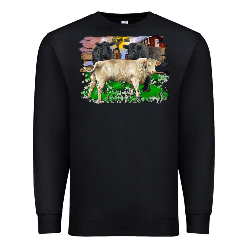 Charolais Bull Black Angus Cattle And Bull With Barnyard And Cowhide Premium Sweatshirt by RanaPortraitStore | Teevron