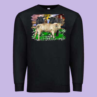 Charolais Bull Black Angus Cattle And Bull With Barnyard And Cowhide Premium Sweatshirt Designed By Ranaportraitstore