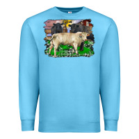 Ocean Blue charolais bull black angus cattle and bull with barnyard and cowhide Premium Sweatshirt - RanaPortraitStore