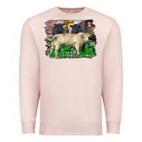 Pale Pink charolais bull black angus cattle and bull with barnyard and cowhide Premium Sweatshirt - RanaPortraitStore