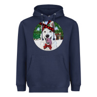 Navy Christmas White Shepherd With Cowhide Heavyweight Hoodie - RanaPortraitStore