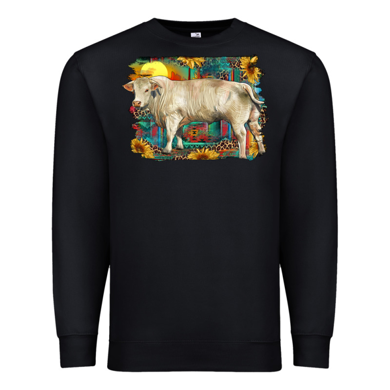 Western Charolais Bull And Aztec Sunflower Background Premium Sweatshirt by RanaPortraitStore | Teevron
